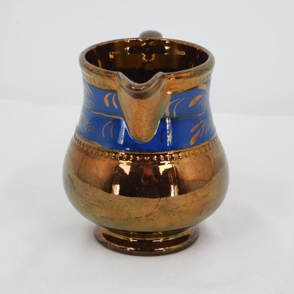 Staffordshire Copper Lustreware Creamer 3 1/4" tall Pitcher Blue Band Bead FLAW - Picture 2 of 7